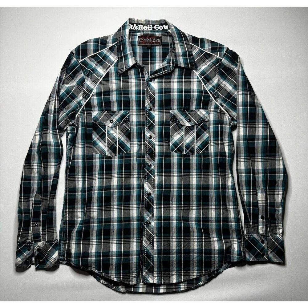 Rock & Roll Cowboy Men's‎ Blue Black Plaid Pearl Snap Western Shirt - Size L*